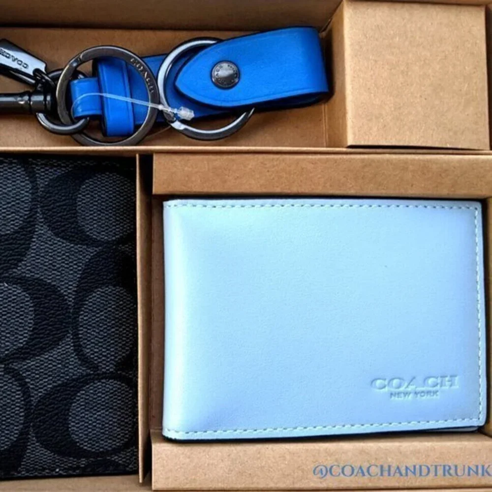 COACH 3 In 1 Leather Wallet Gift Set Color Block Signature Canvas Gift Box NWT